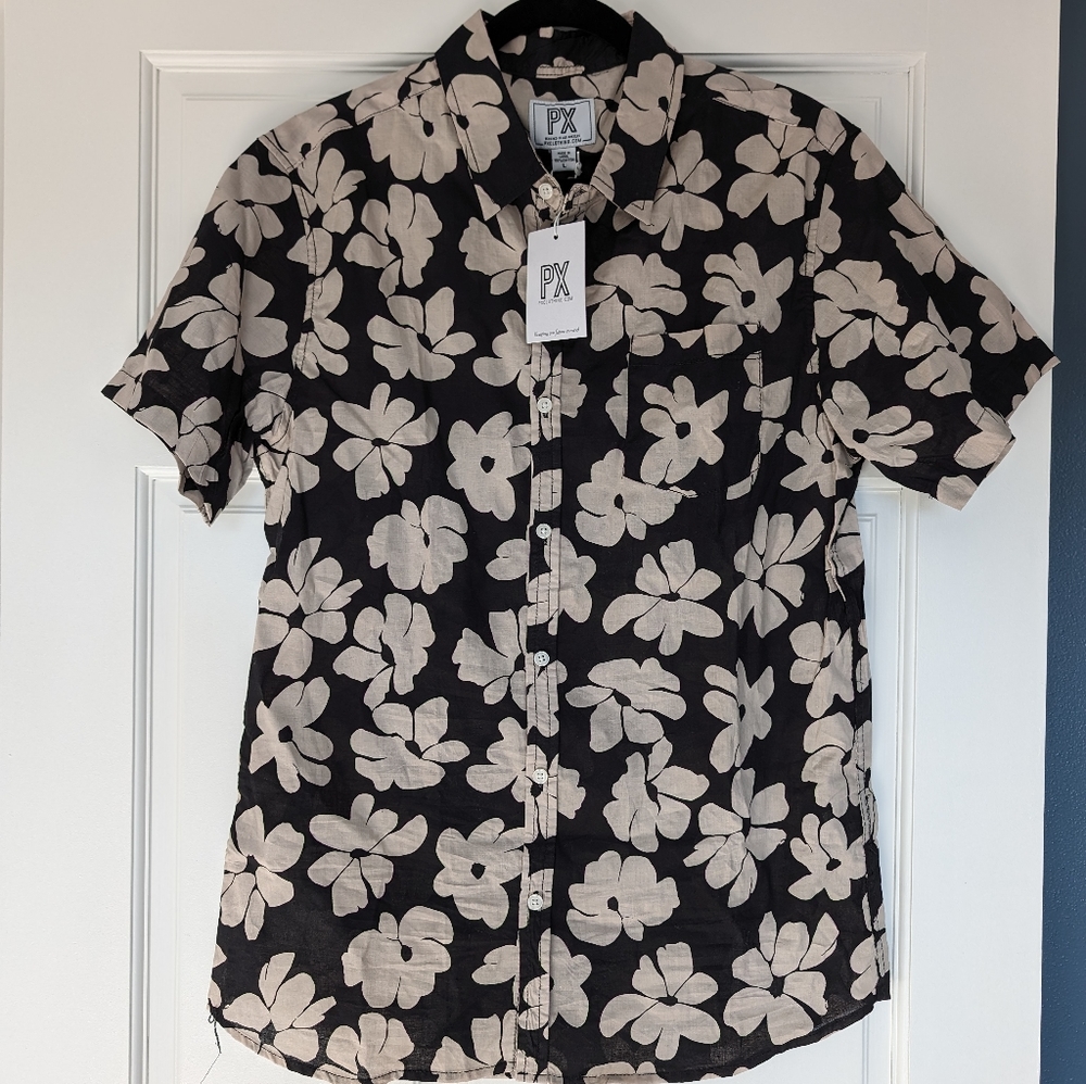 SOLD Men's PX Kendrick Printed Button Up Shirt Mens L Black Tan Floral Hawaiian